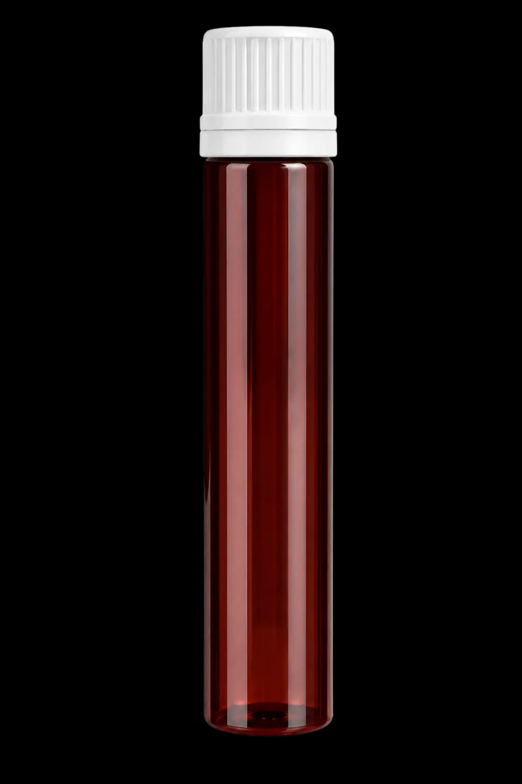An amber collagen shot vial with a white cap