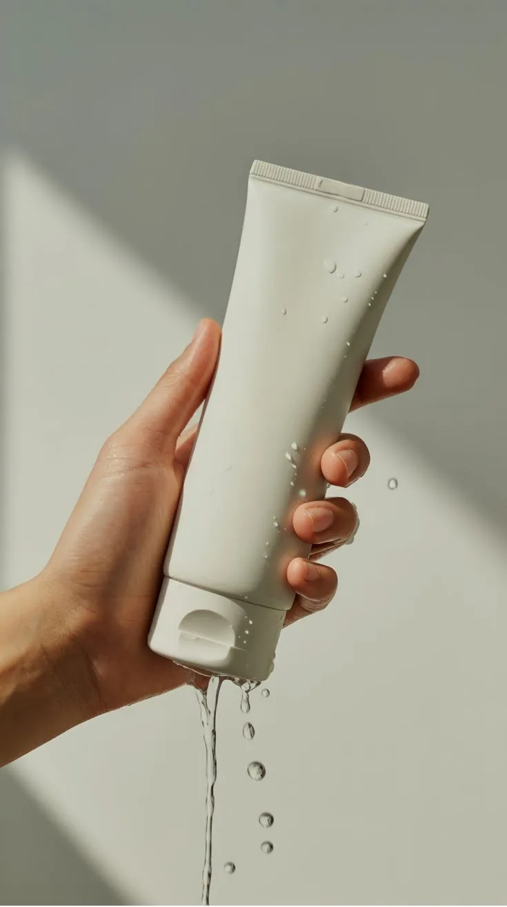 A hand holding a white face wash tube with water droplets